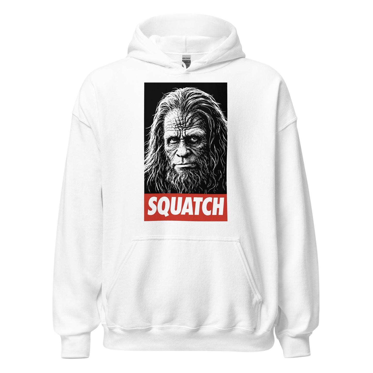 Sasquatch cryptid portrait hoodie on white with bold SQUATCH text