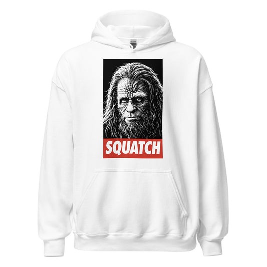 Sasquatch cryptid portrait hoodie on white with bold SQUATCH text