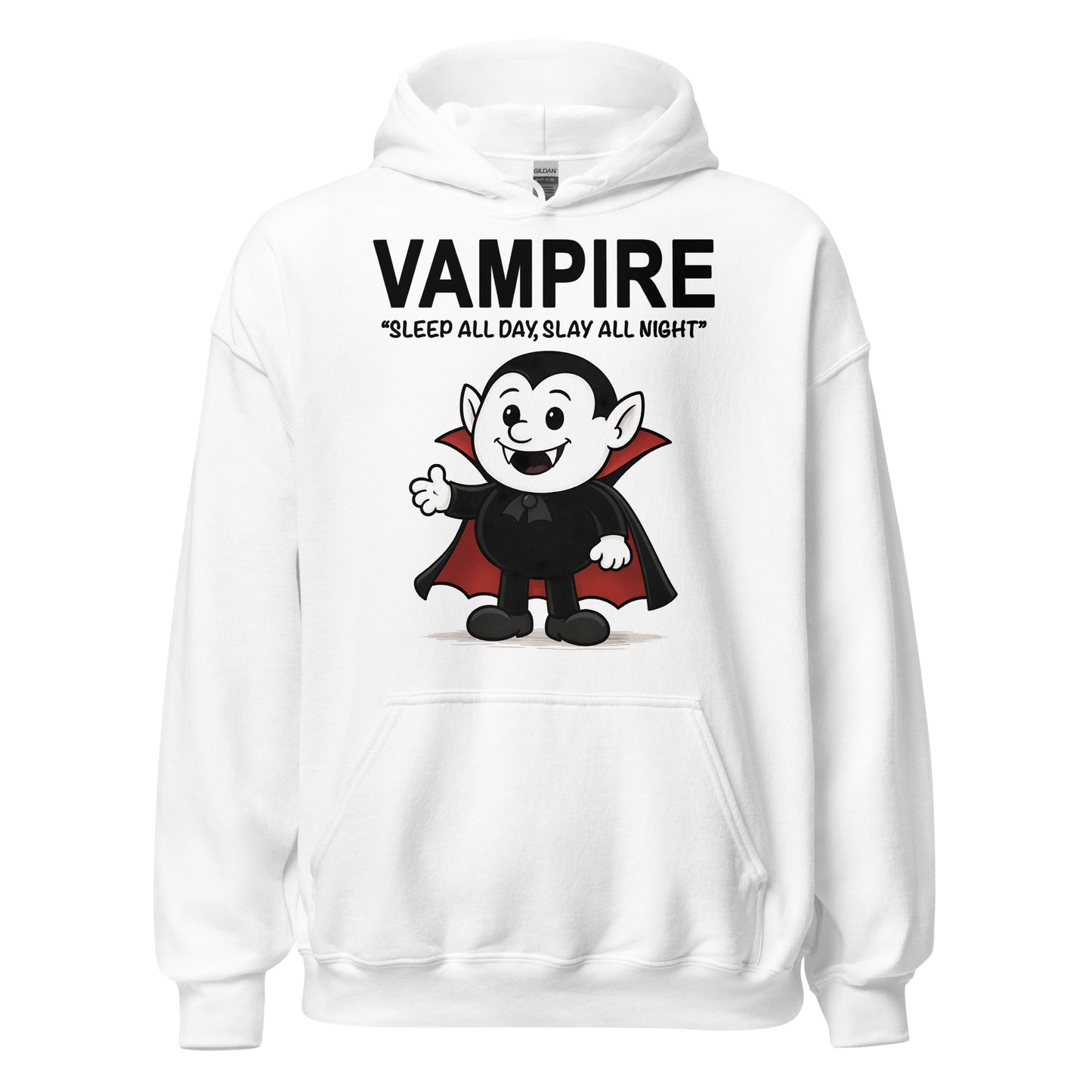 White hoodie with cartoon vampire design and text on a white background