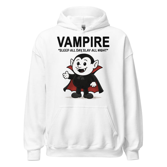 White hoodie with cartoon vampire design and text on a white background