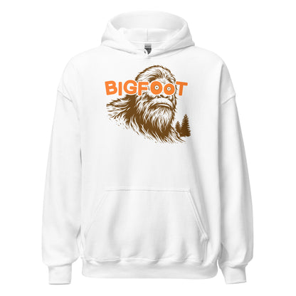 Front view of white Bigfoot hoodie with bold Sasquatch illustration