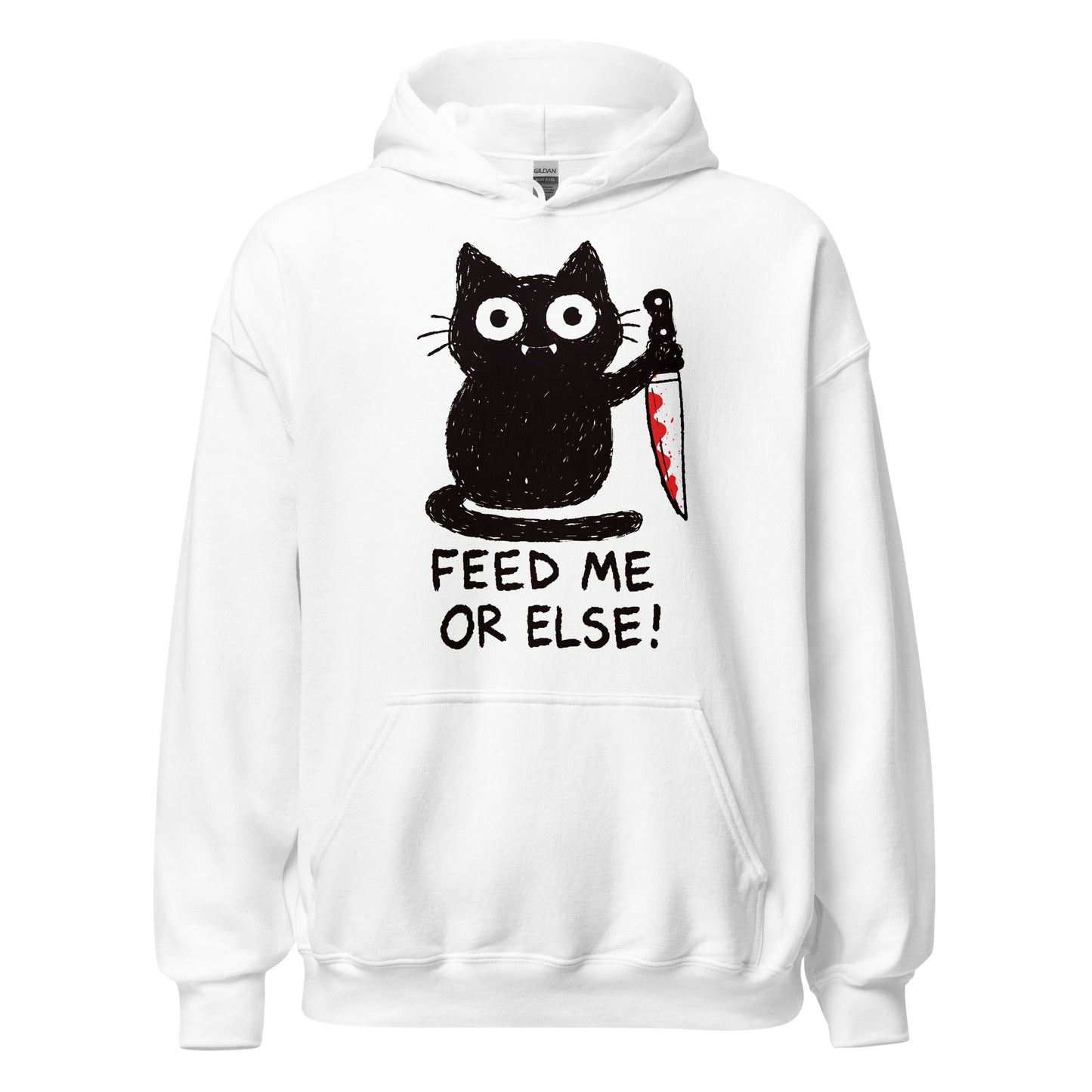 White hoodie with a black cat graphic and text 'Feed Me or Else!' on a white background