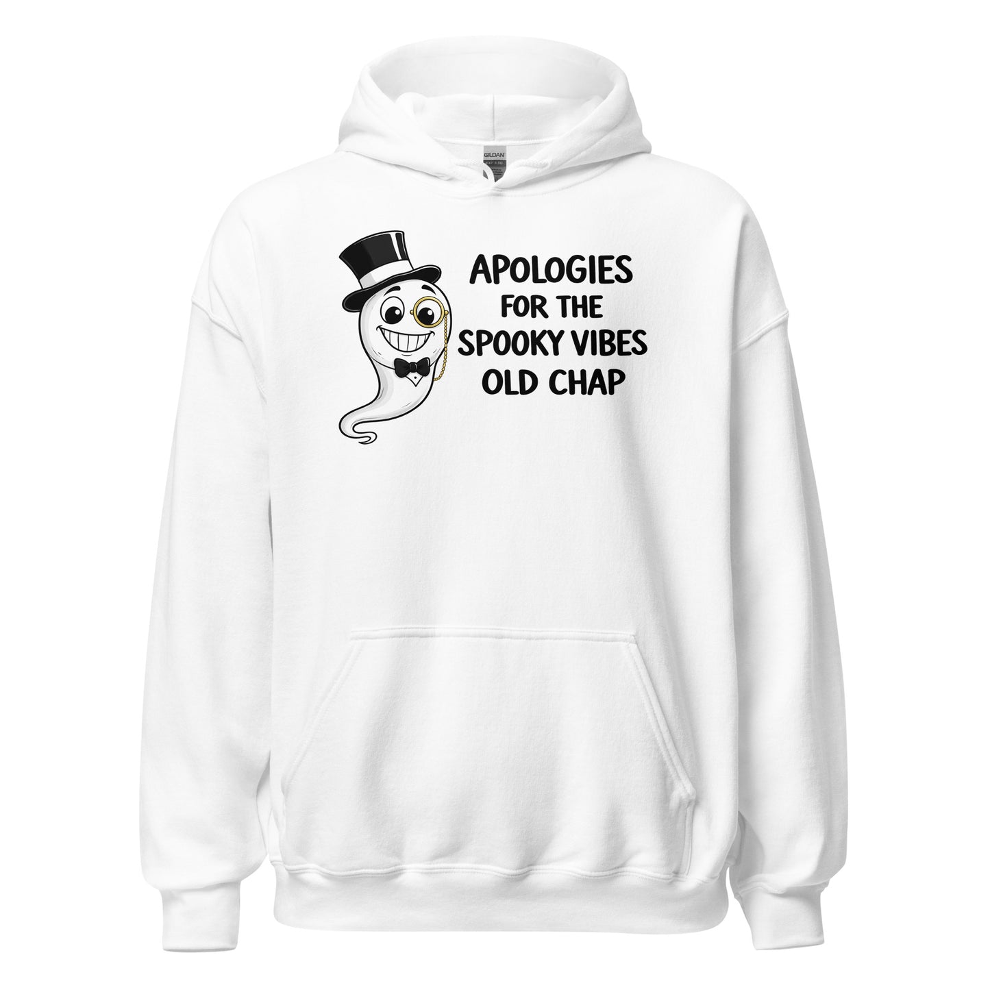 Front view white hoodie with smiling ghost wearing top hat and monocle spooky design