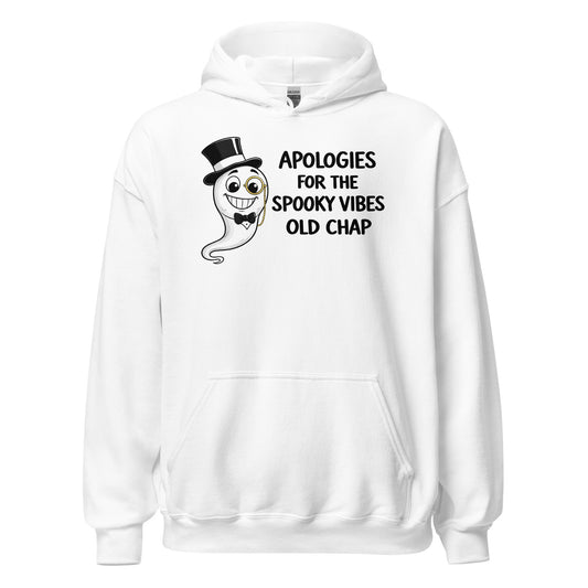 Front view white hoodie with smiling ghost wearing top hat and monocle spooky design
