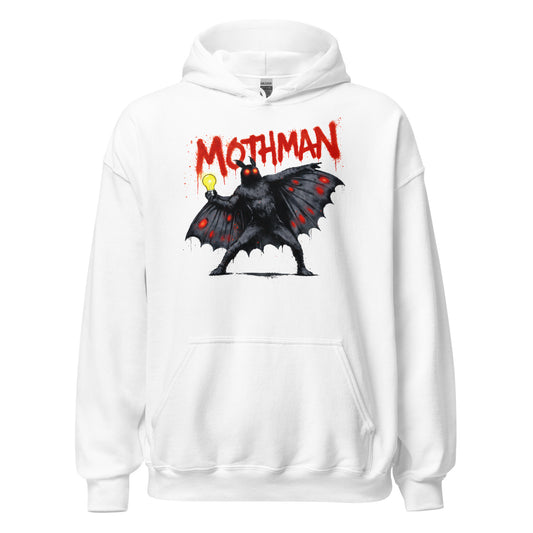 Front image white hoodie featuring graffiti style Mothman with glowing red eyes and dripping graffiti text
