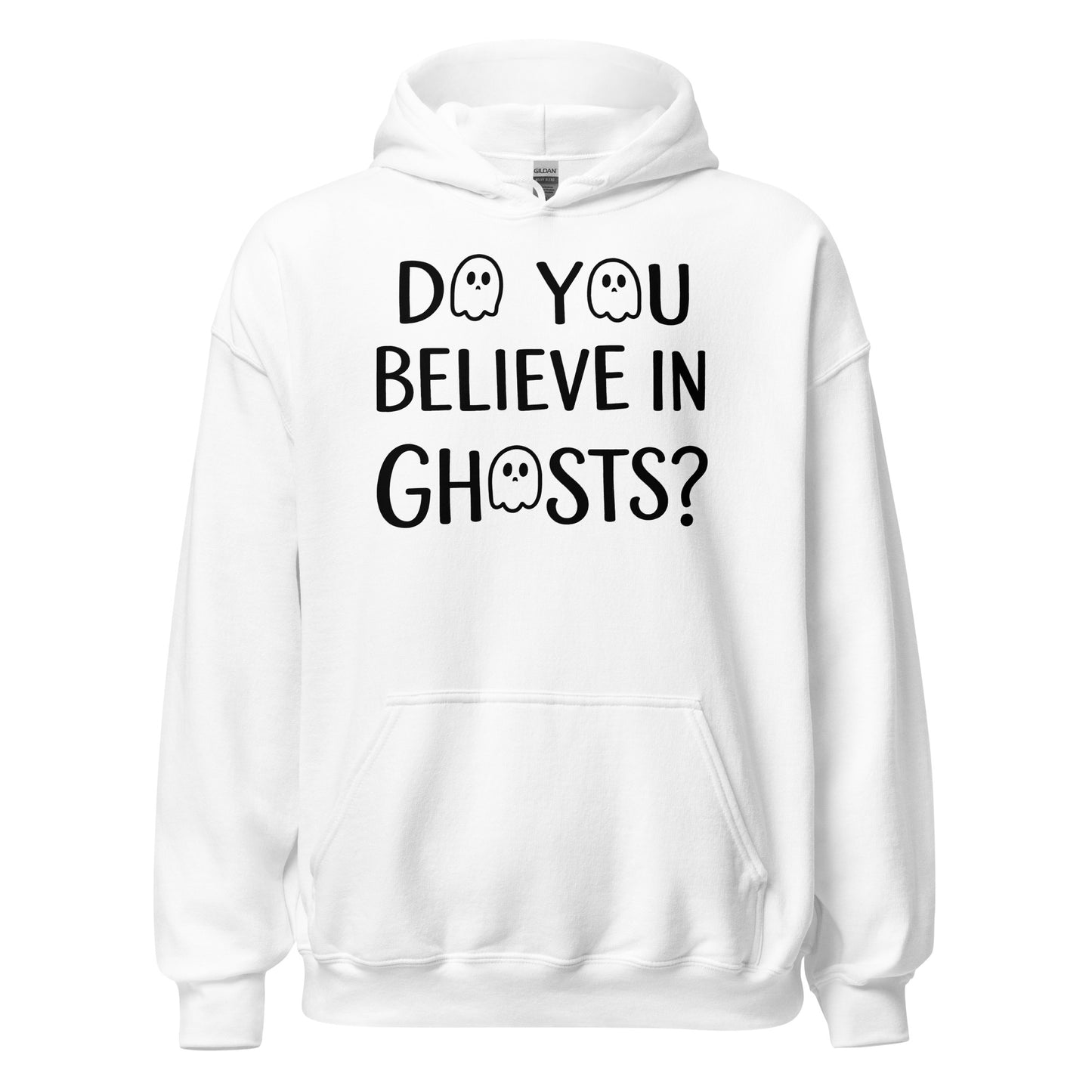 Paranormal White hoodie with text 'Do you believe in ghosts?' on a white background
