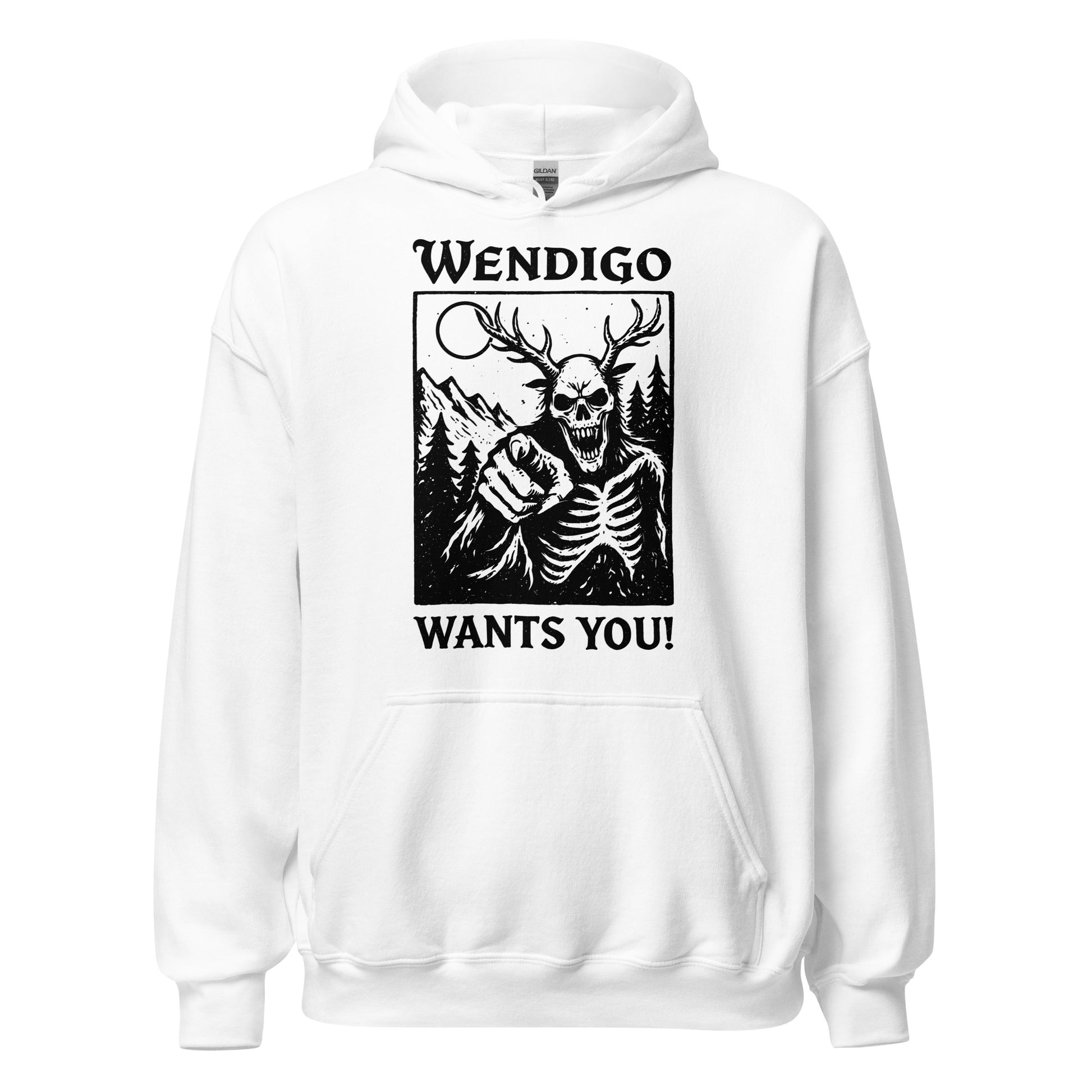 Front white hoodie featuring Wendigo folklore horror illustration