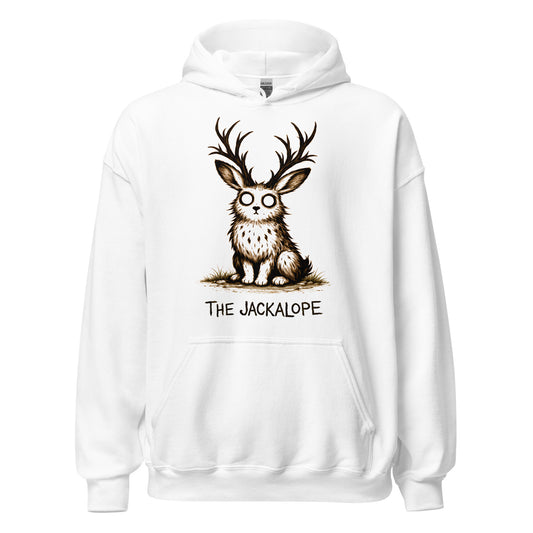 Jackalope cryptid illustration hoodie featuring mythical folklore creature