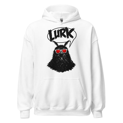 White hoodie with Mothman wearing red sunglasses and LURK text