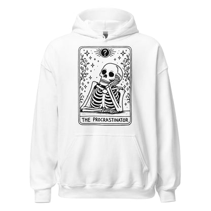 White hoodie featuring The Procrastinator tarot card illustration