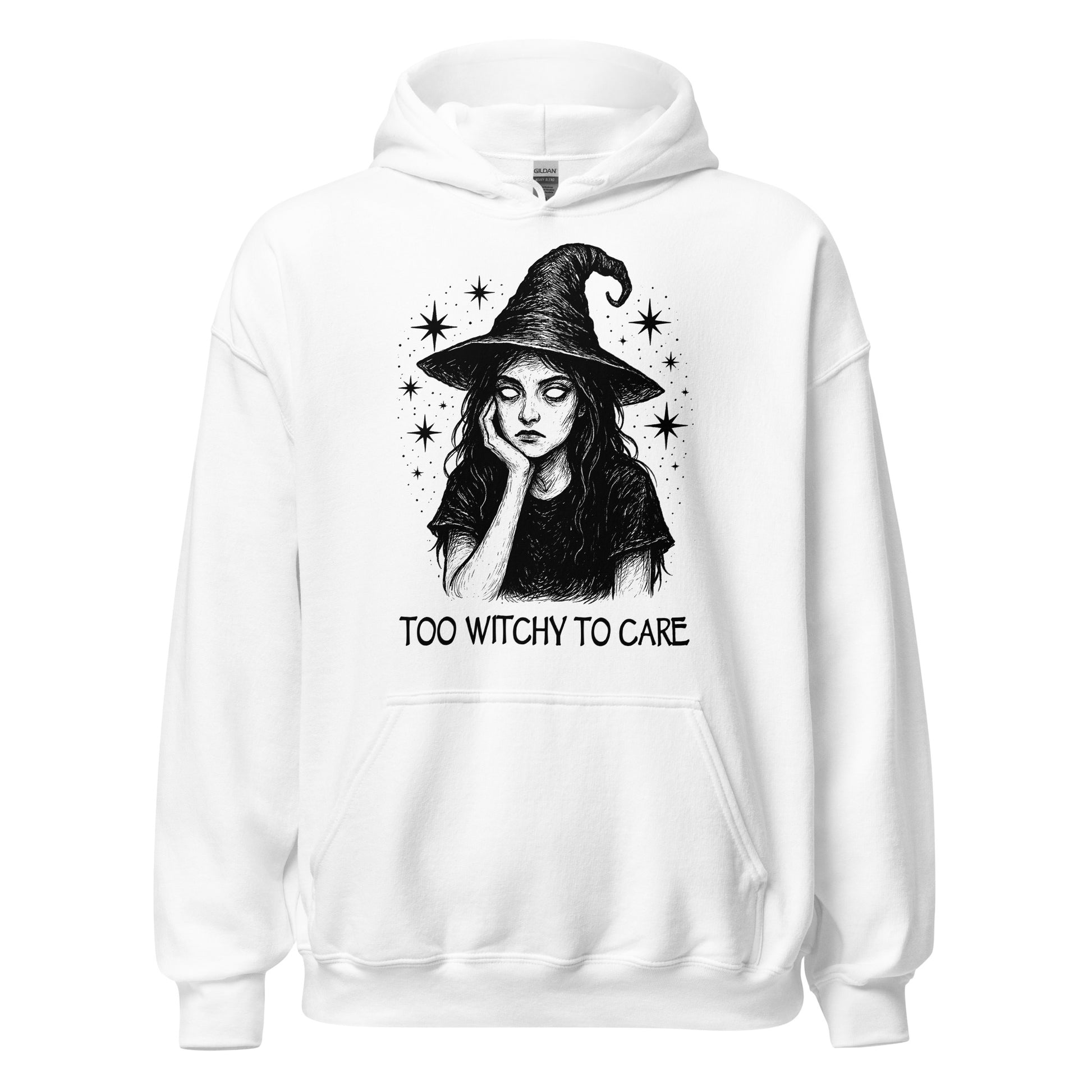 Front image white hoodie with Too Witchy To Care witchcraft text design