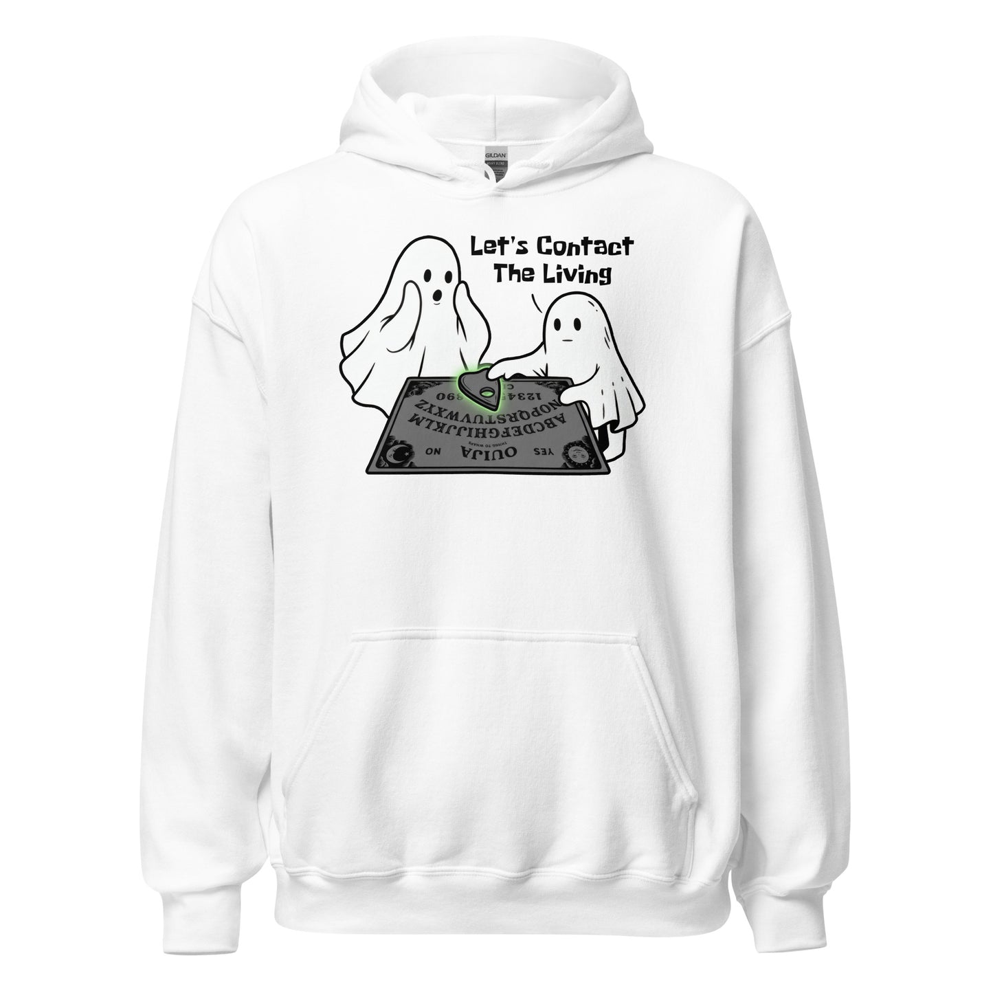 Paranormal ghost hoodie on white featuring two ghosts using Ouija spirit board