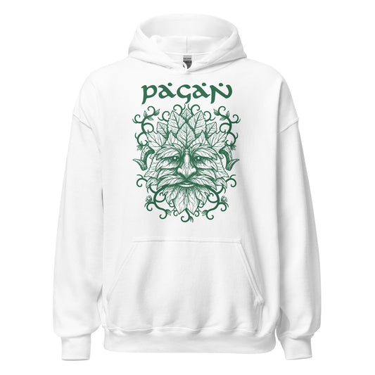 Green Man pagan hoodie front view, Celtic nature spirit face made of leaves and vines on white