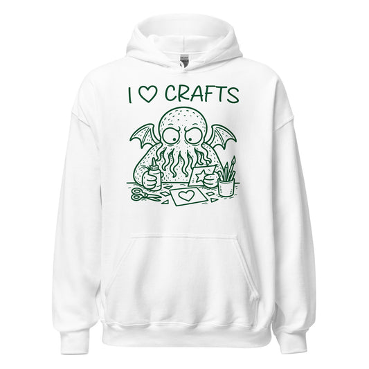 I love crafts hoodie front view, cute Cthulhu crafting with scissors and glue, green design on white, Unisex