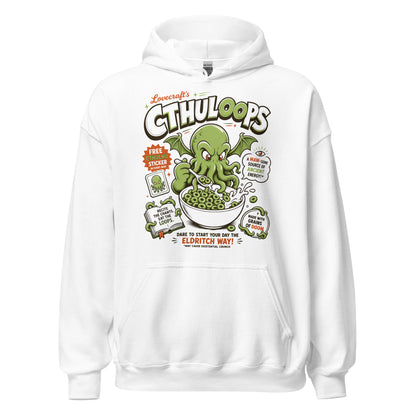 Cthuloops hoodie front view, cartoon Cthulhu eating cereal in parody cereal box style on white