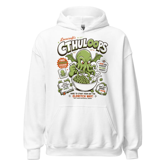 Cthuloops hoodie front view, cartoon Cthulhu eating cereal in parody cereal box style on white