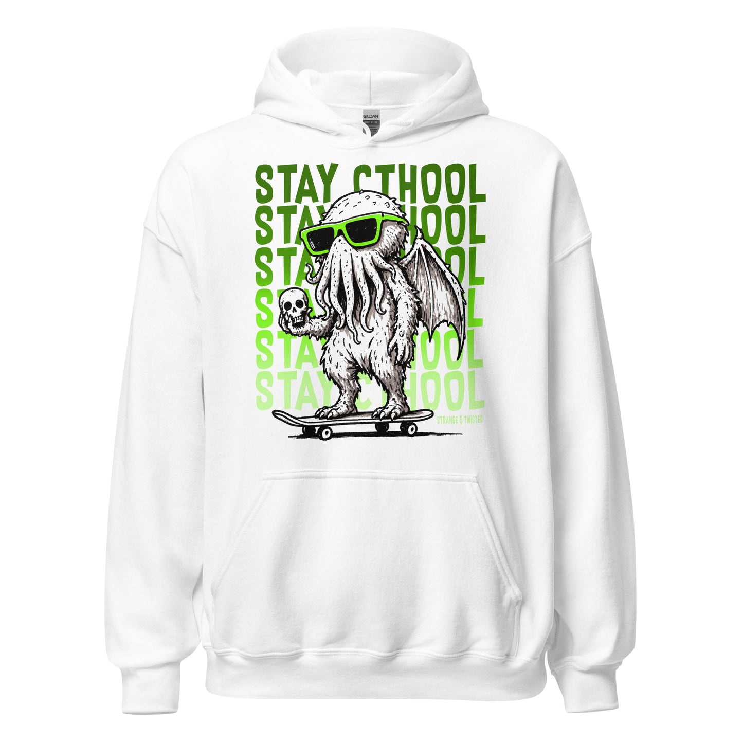 Stay Cthool hoodie front view, Cthulhu wearing sunglasses riding skateboard holding skull, neon green design on white