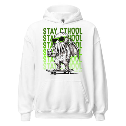 Stay Cthool hoodie front view, Cthulhu wearing sunglasses riding skateboard holding skull, neon green design on white