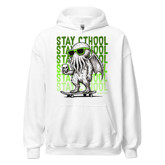 Stay Cthool hoodie front view, Cthulhu wearing sunglasses riding skateboard holding skull, neon green design on white