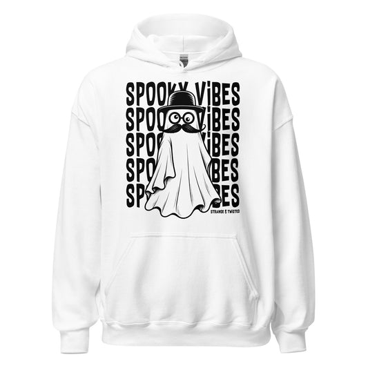 Spooky vibes hoodie front view, paranormal ghost design with clean spooky aesthetic on white