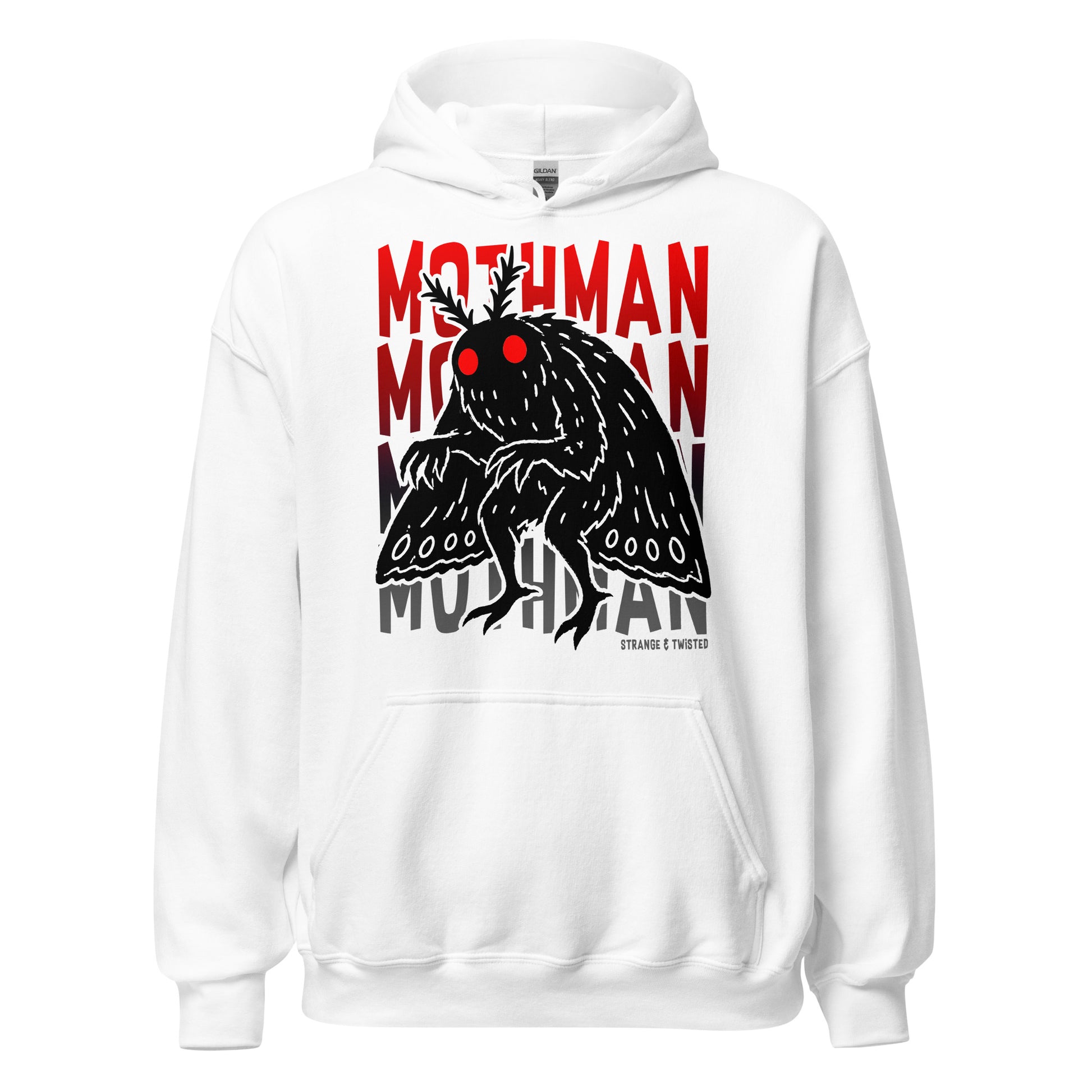 mothman hoodie front view, black silhouette with glowing red eyes and bold mothman text on white