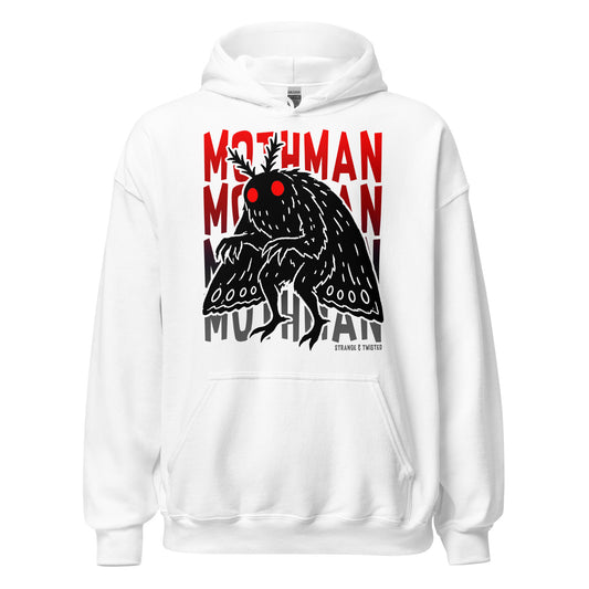 mothman hoodie front view, black silhouette with glowing red eyes and bold mothman text on white