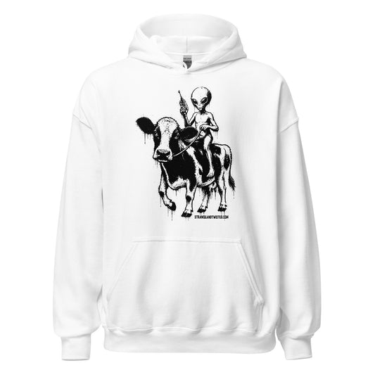 alien riding cow hoodie front view, detailed alien figure sitting on cow holding device, black graphic on white