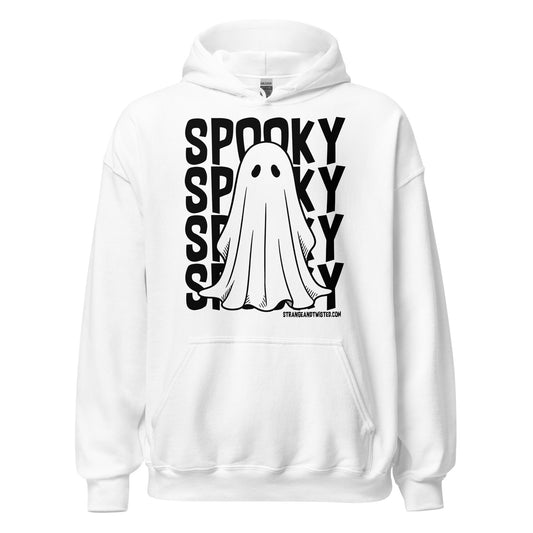 Paranormal ghost horror hoodie front view with distressed supernatural ghost artwork on white fabric