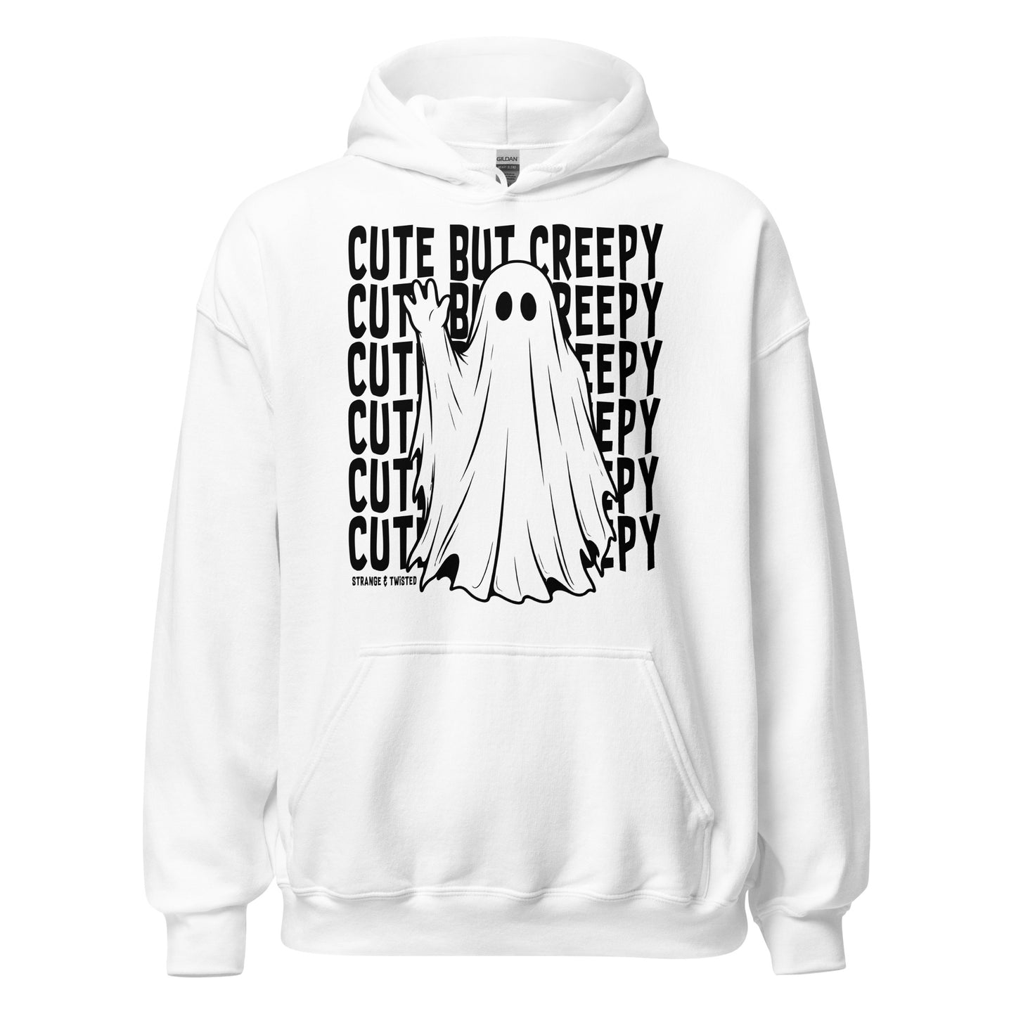 Cute creepy ghost paranormal hoodie front view with playful spooky ghost artwork on white fabric