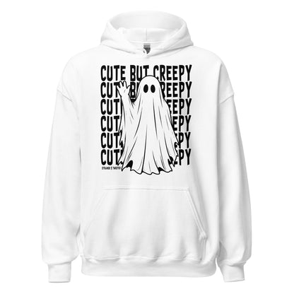 Cute creepy ghost paranormal hoodie front view with playful spooky ghost artwork on white fabric