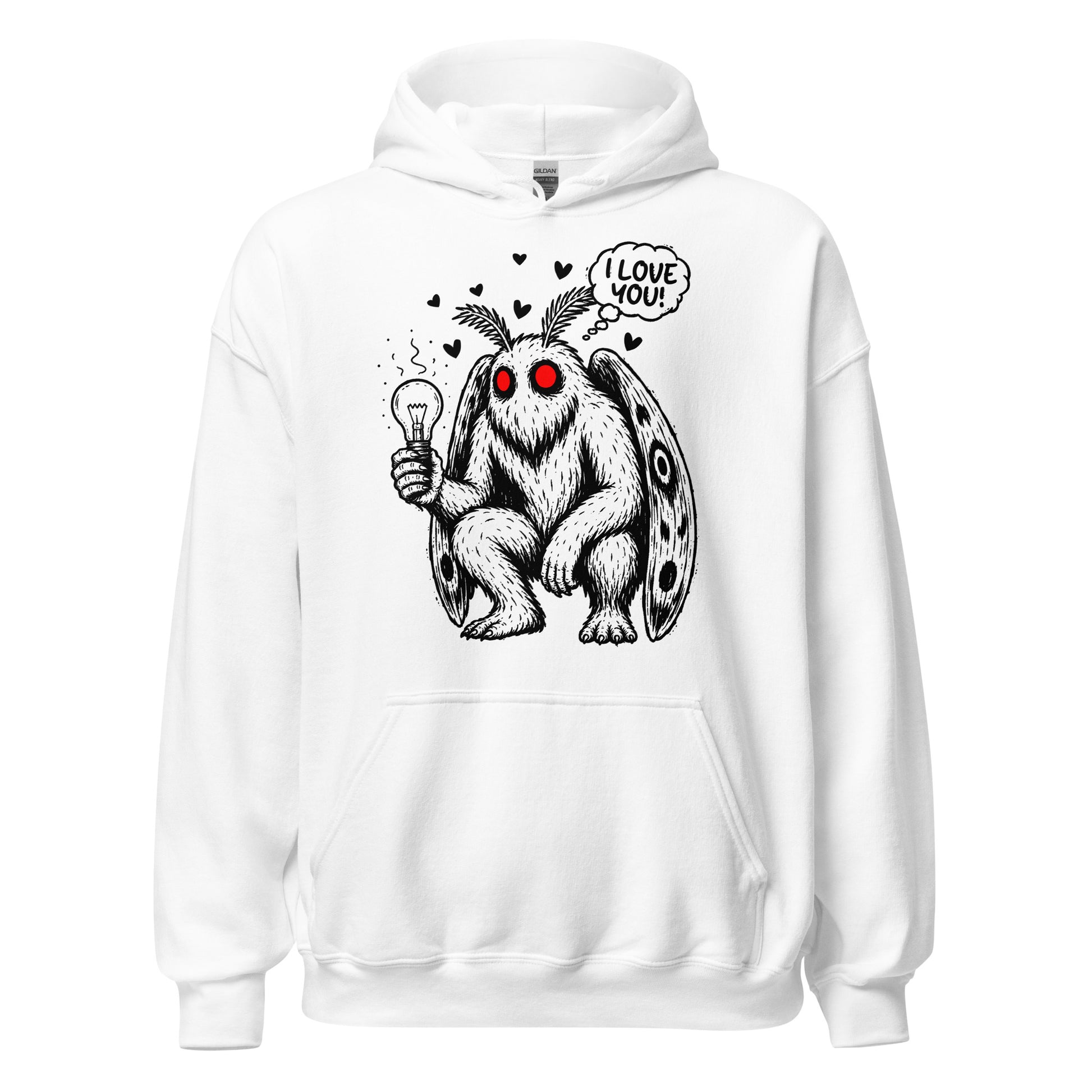 Funny Mothman lightbulb lover hoodie front view with red eyed cryptid artwork on white fabric
