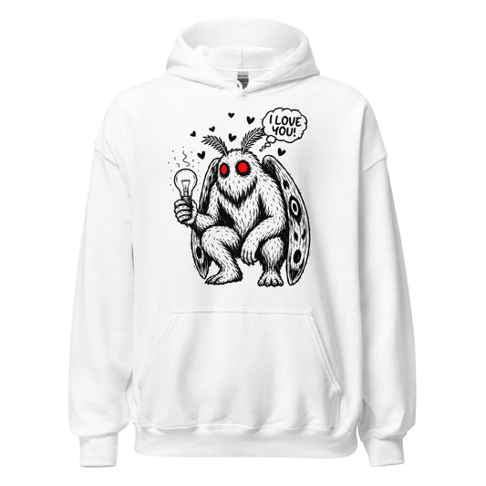 Funny Mothman lightbulb lover hoodie front view with red eyed cryptid artwork on white fabric