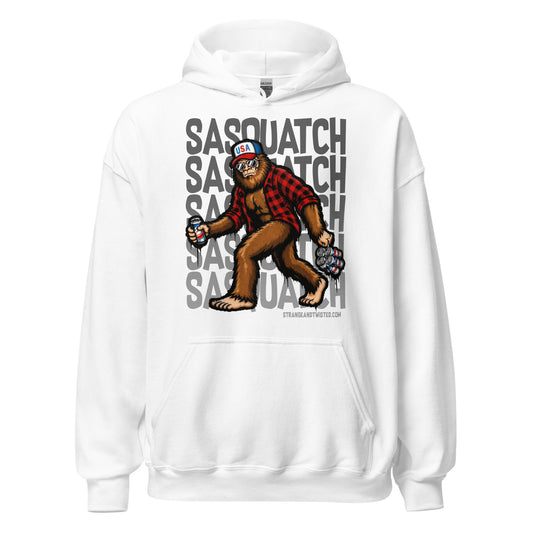 Patriotic Sasquatch Bigfoot hoodie front view featuring USA cryptid artwork on white fabric