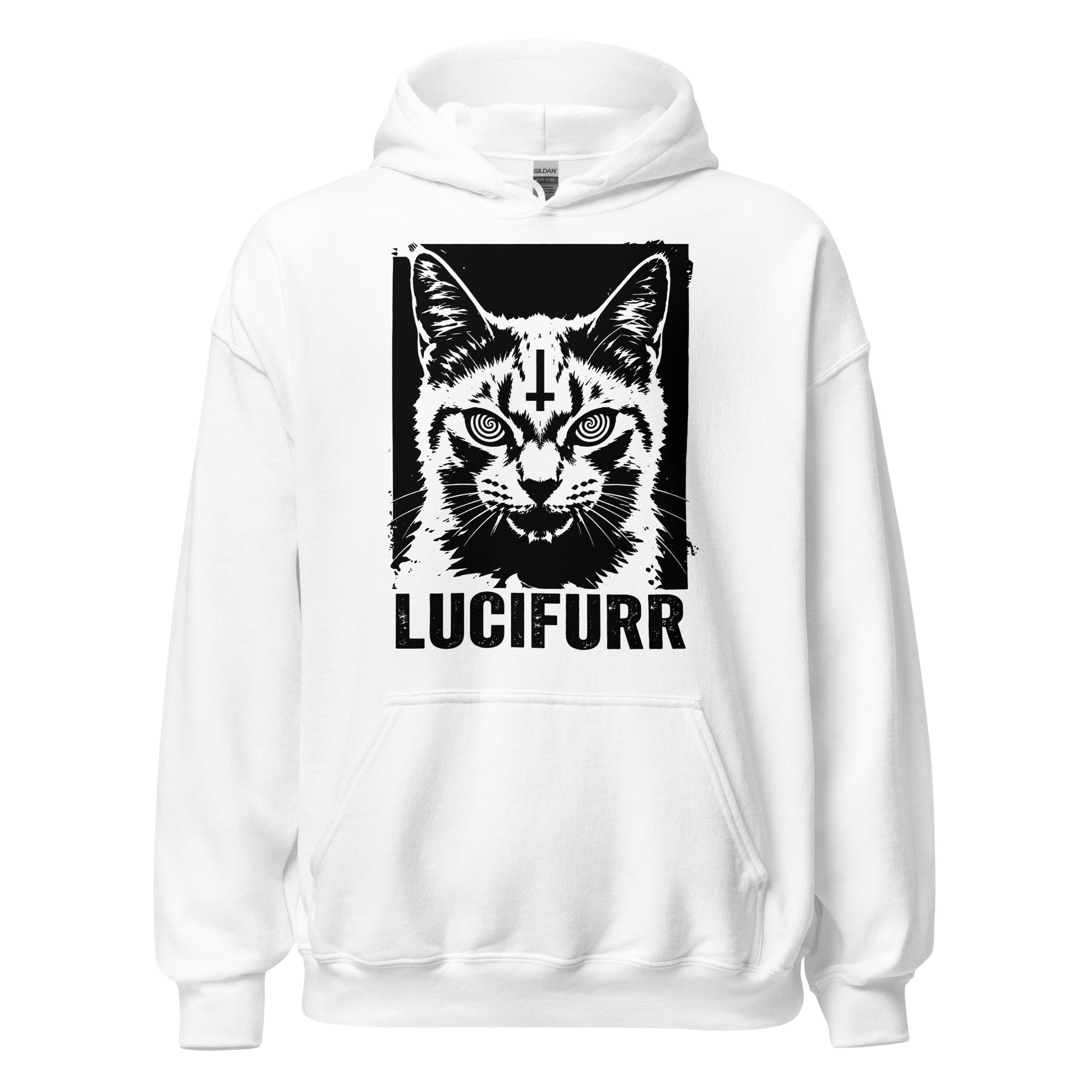 White occult cat hoodiewith black woodcut Lucifurr print and inverted cross