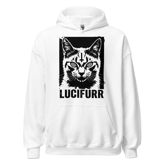 White occult cat hoodiewith black woodcut Lucifurr print and inverted cross