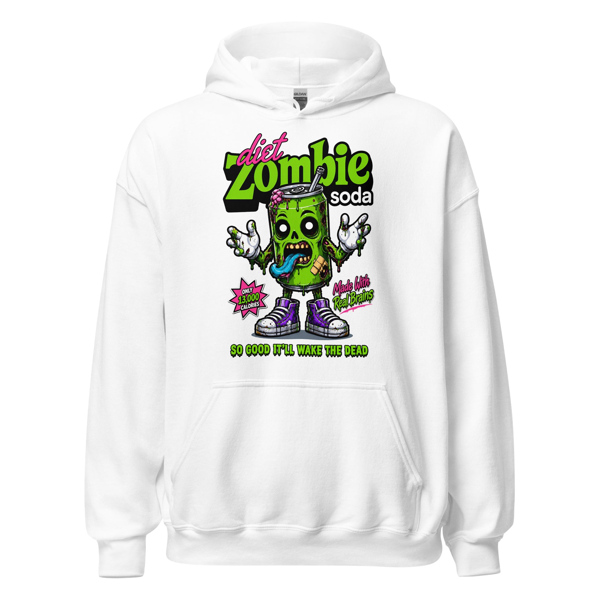 White Diet Zombie Soda hoodie with a cartoon undead green soda can and dripping horror lettering