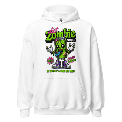 White Diet Zombie Soda hoodie with a cartoon undead green soda can and dripping horror lettering