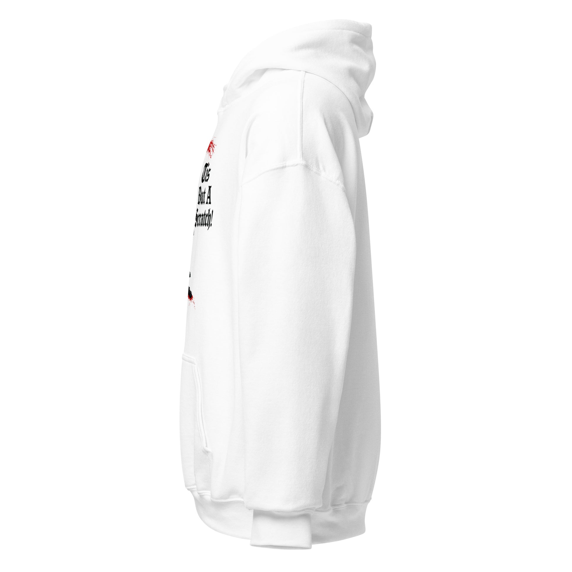 left-side view of white hoodie featuring knight parody artwork by Strange & Twisted