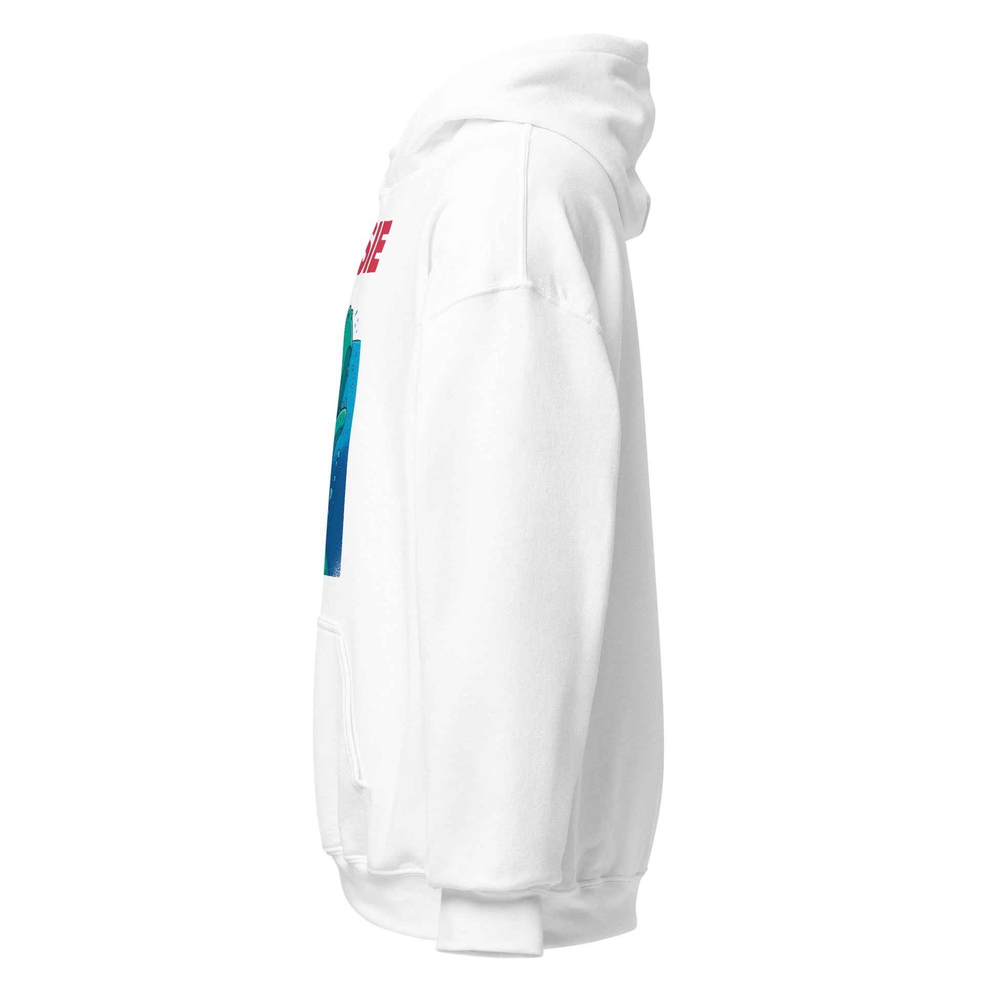 Left side view of white hoodie showing sleeve and fit for Nessie parody artwork, By Strange & Twisted