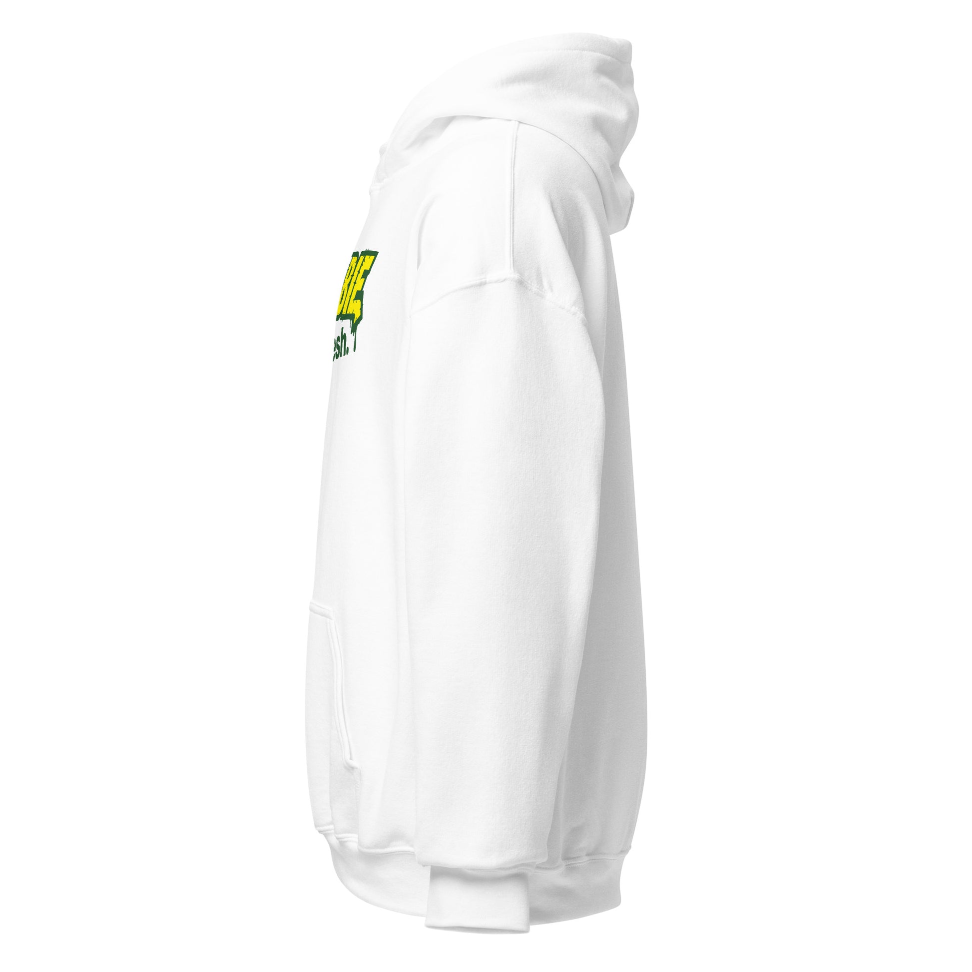Left side view of white hoodie displaying silhouette and sleeve for horror parody design, By Strange & Twisted