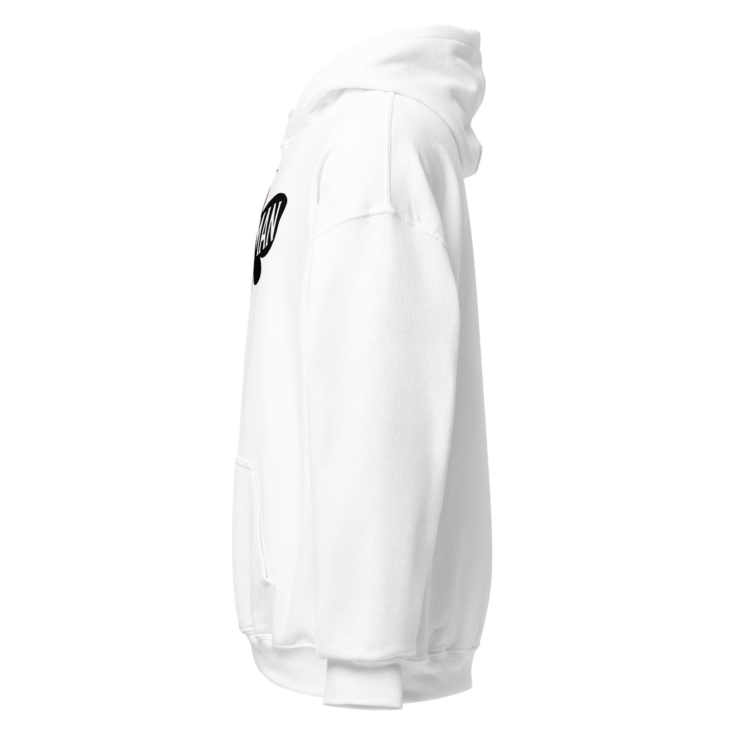 Left side view of white Mothman cryptid hoodie with minimal silhouette, By Strange and Twisted