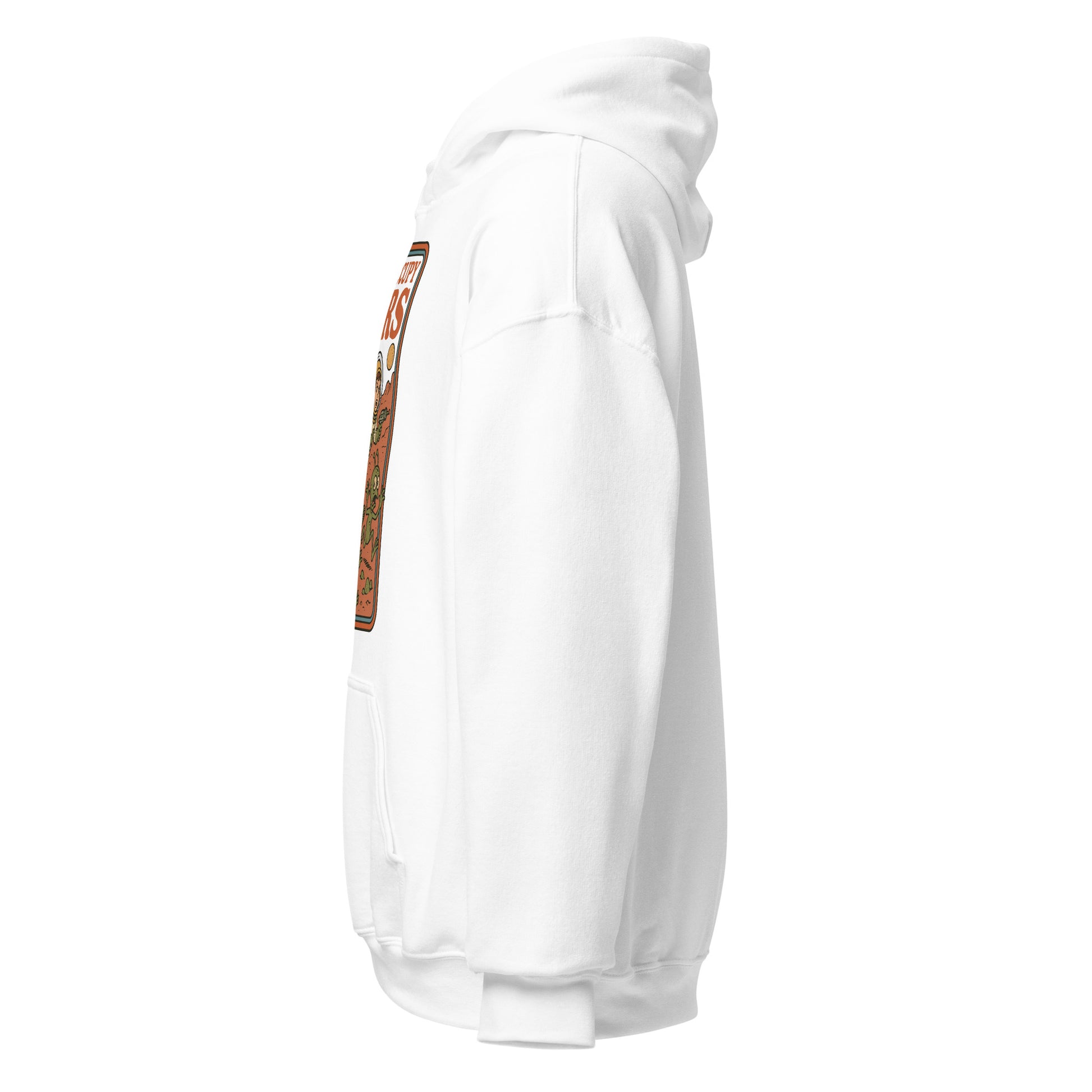 Left side view of white hoodie showing sleeve and a partial glimpse of astronauts moving across the Martian landscape.