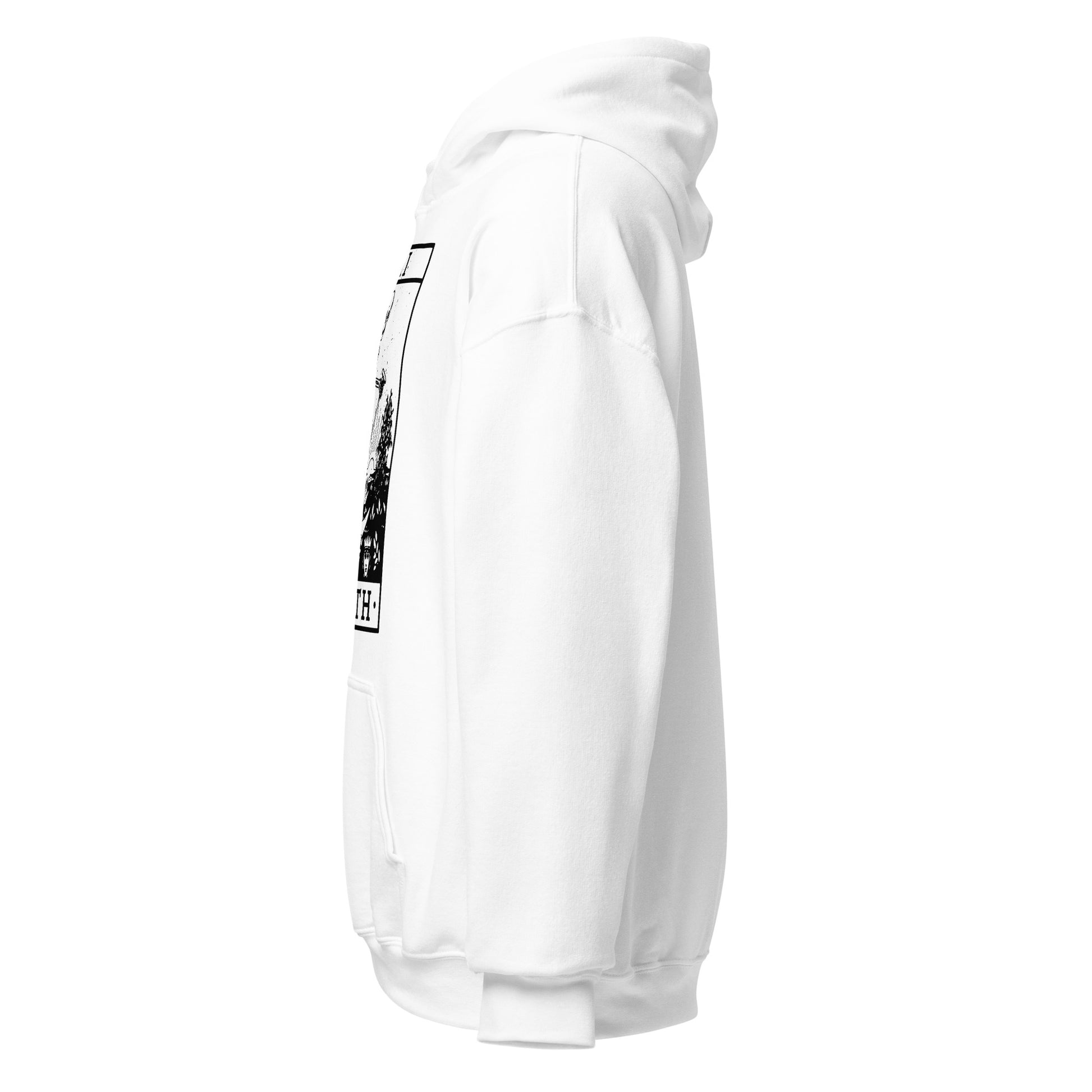 Left side view of white hoodie showing sleeve detail and part of the tarot card border.