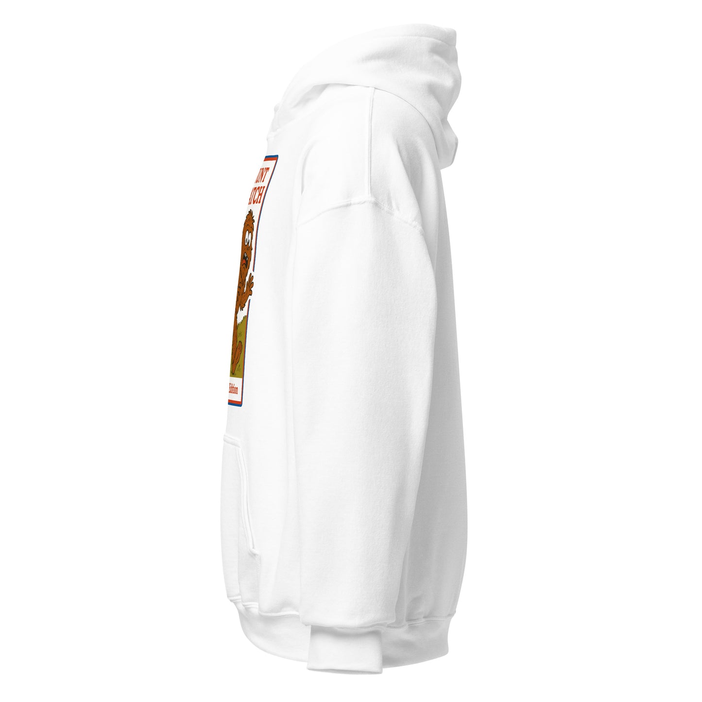 Left side view of a white hoodie showing sleeve detail and part of the sasquatch parody illustration.