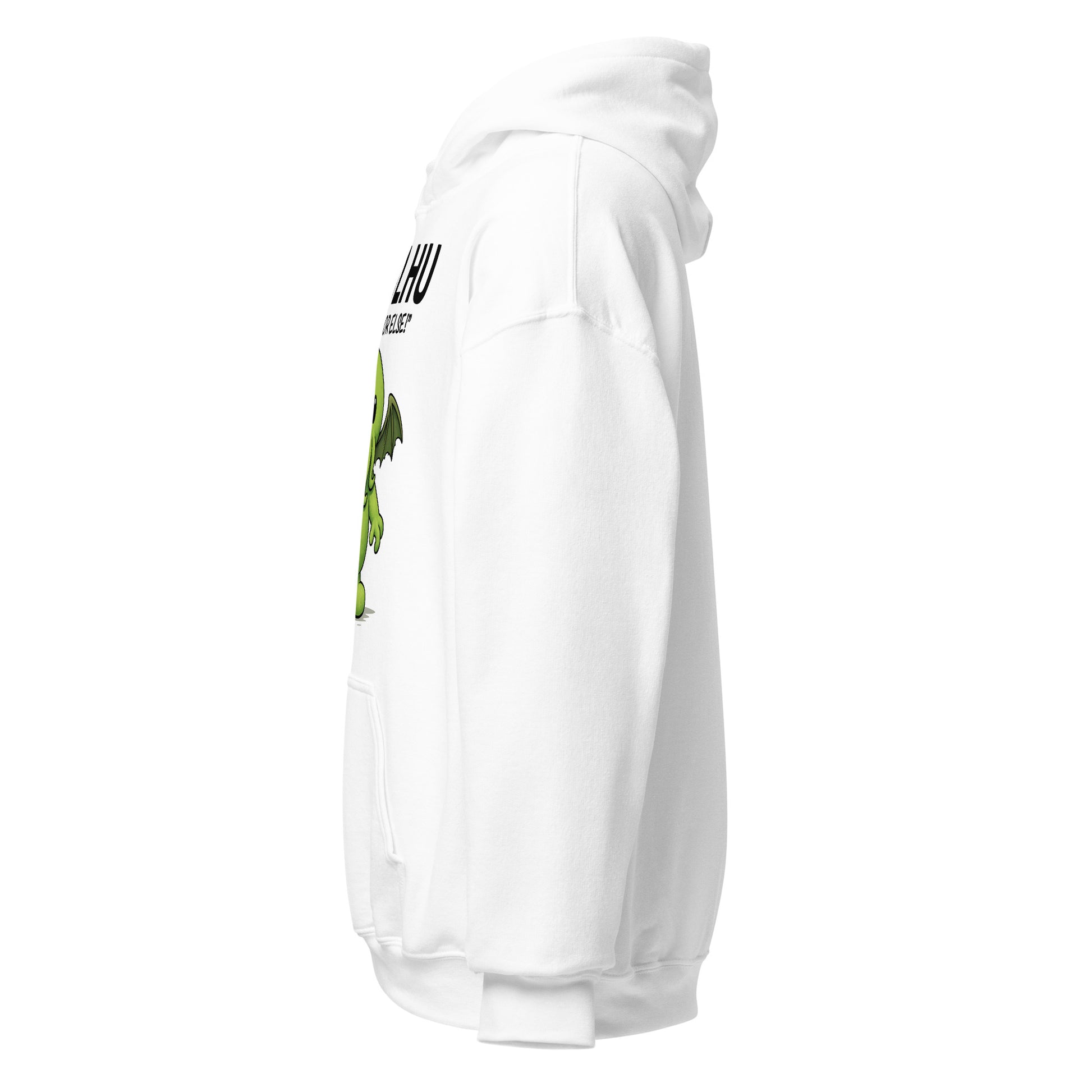 White hoodie with green graphic on a white background