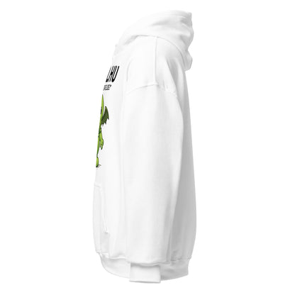 White hoodie with green graphic on a white background