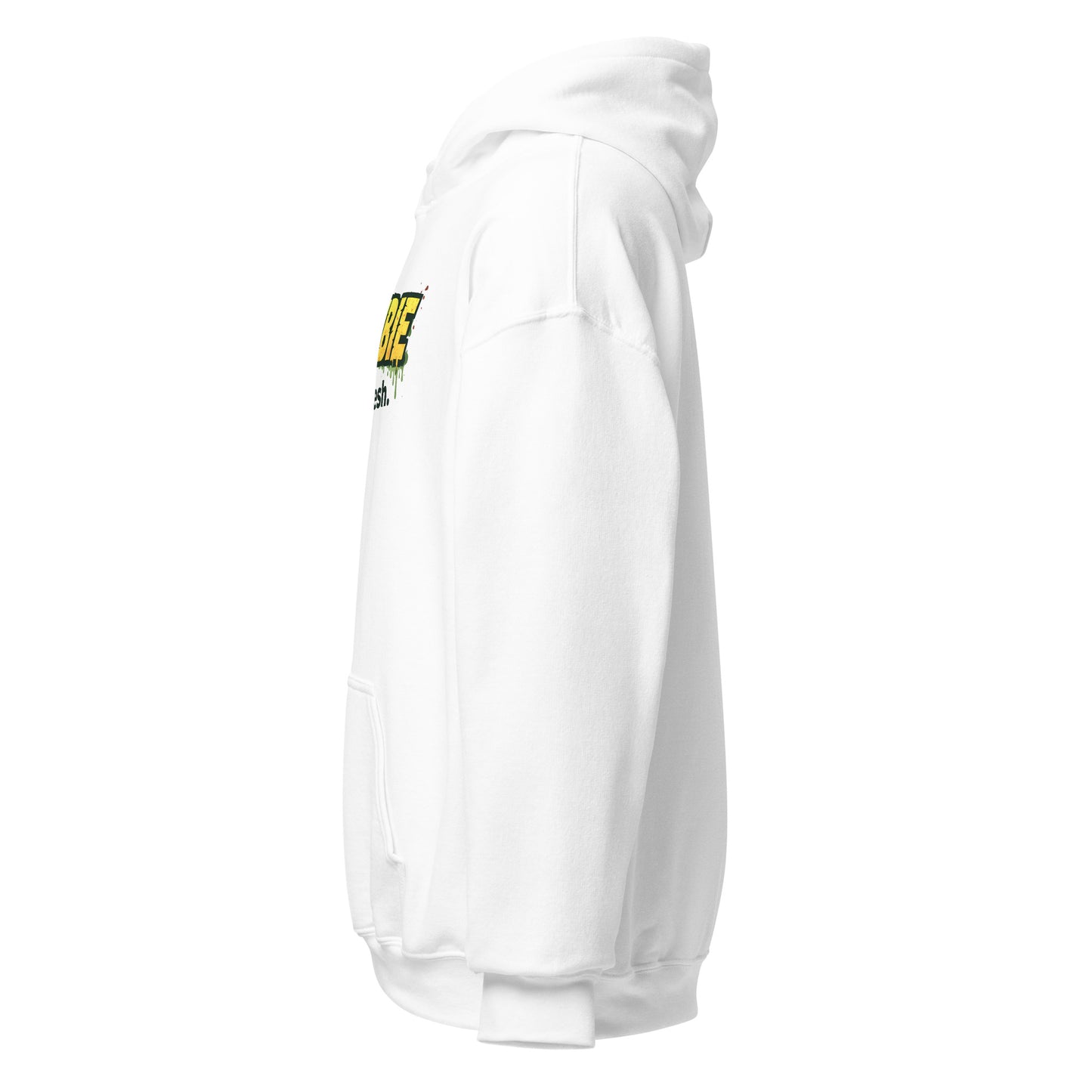 White hoodie with a yellow logo on the chest against a white background