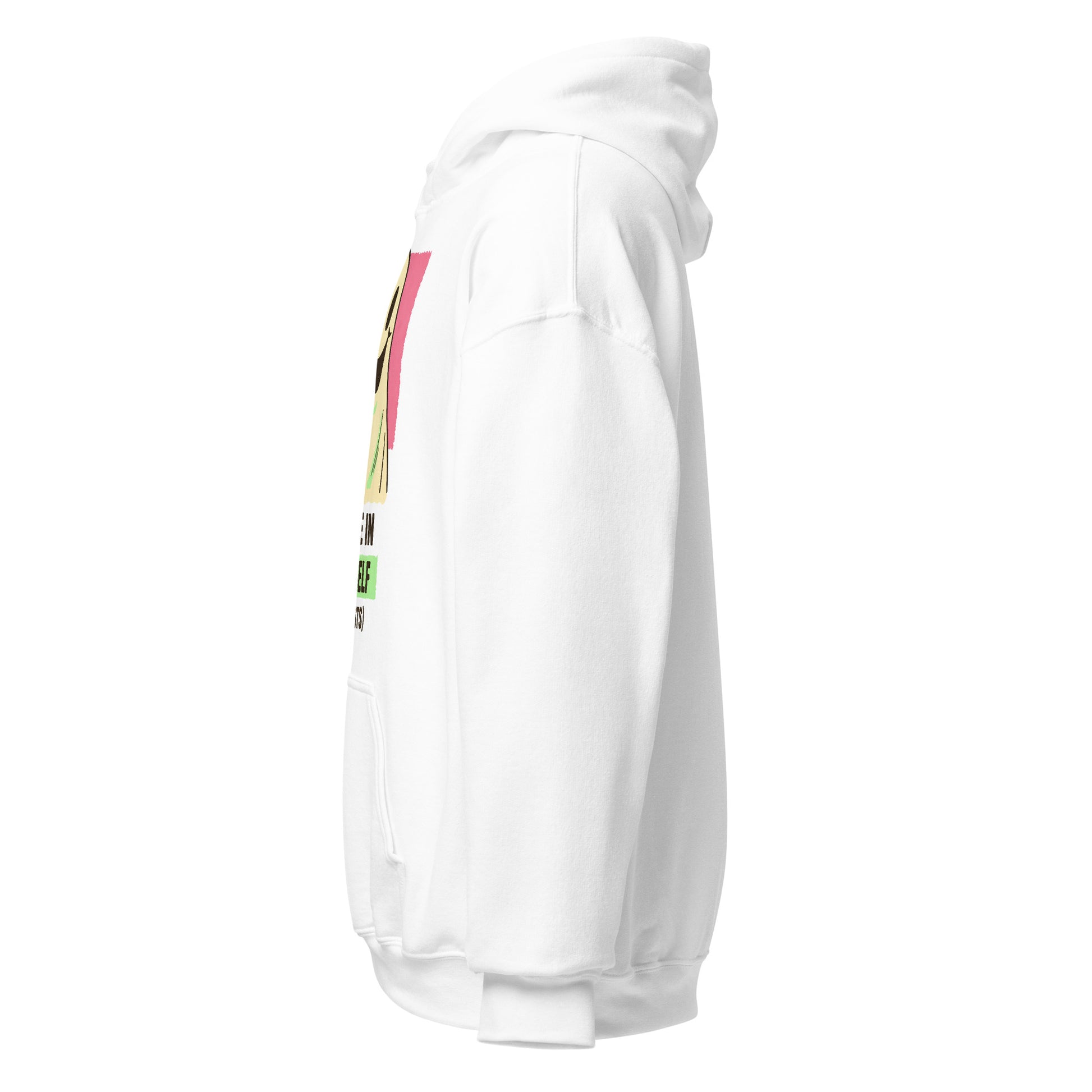 White hoodie left side angle showing friendly ghost illustration
