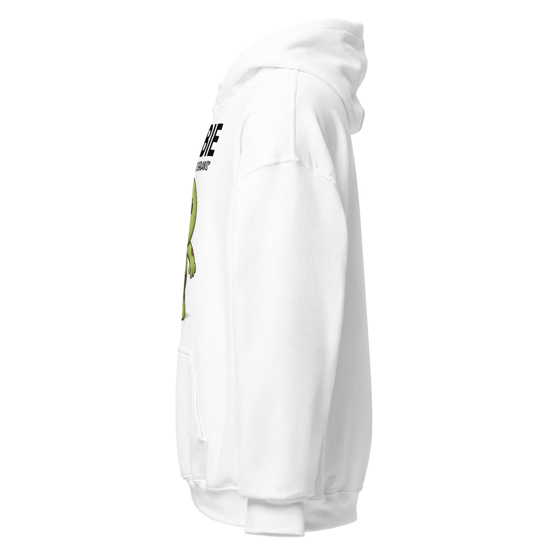 White hoodie left side angle showing cartoon zombie illustration