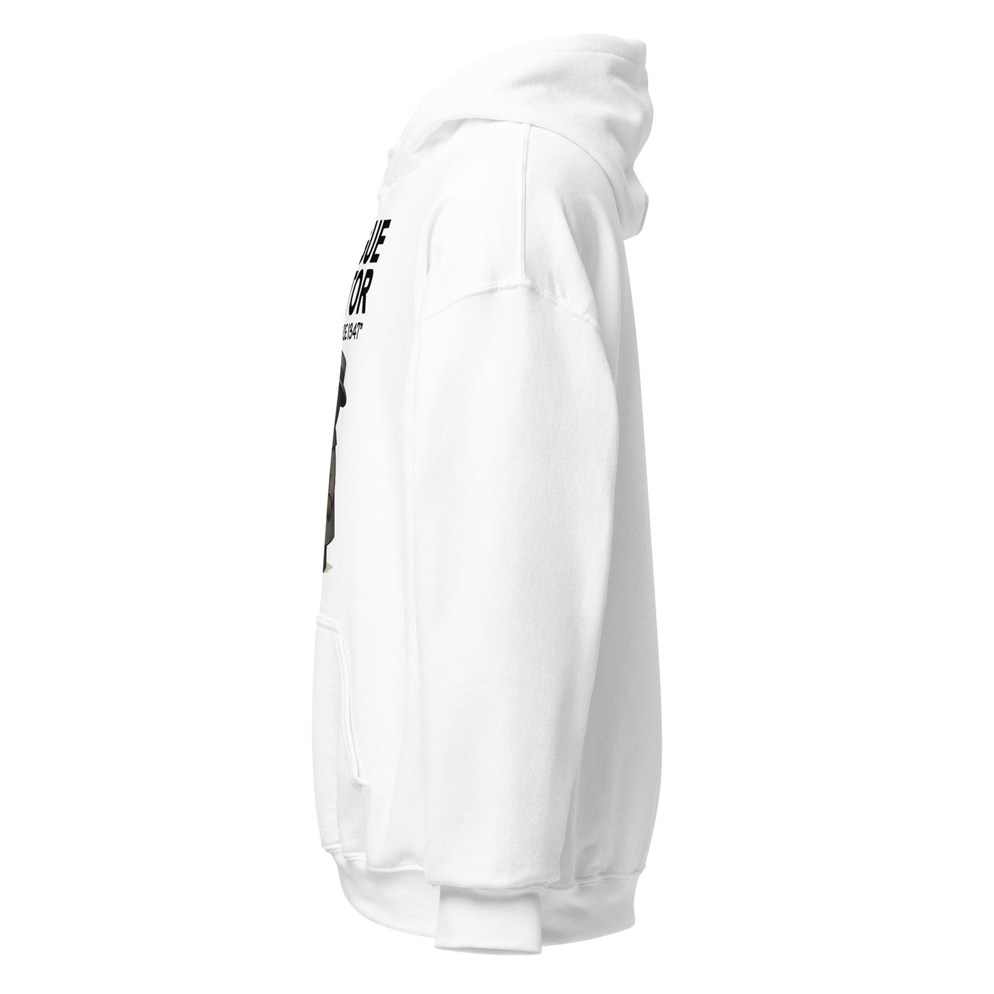 White hoodie left side angle showing plague doctor illustration